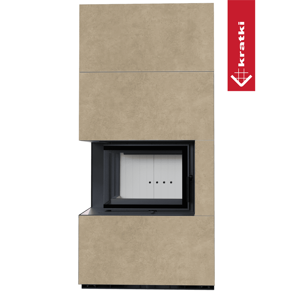 Kratki Floki Box Links in beige beklede haard met glazen deur