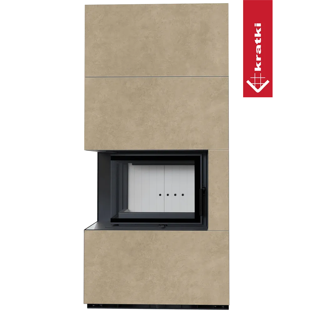 Kratki Floki S 8 kW Links, moderne hoekhaard met beige omkasting en zwart frame.