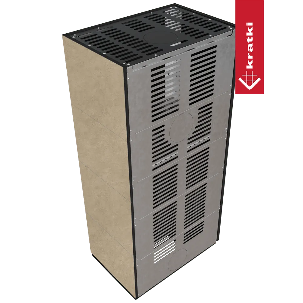 Kratki Floki S 8 kW Links, moderne vrijstaande kachel met metalen ventilatierooster en beige zijpanelen.