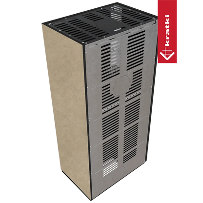 Kratki Floki S 8 kW Links, moderne vrijstaande kachel met metalen ventilatierooster en beige zijpanelen.