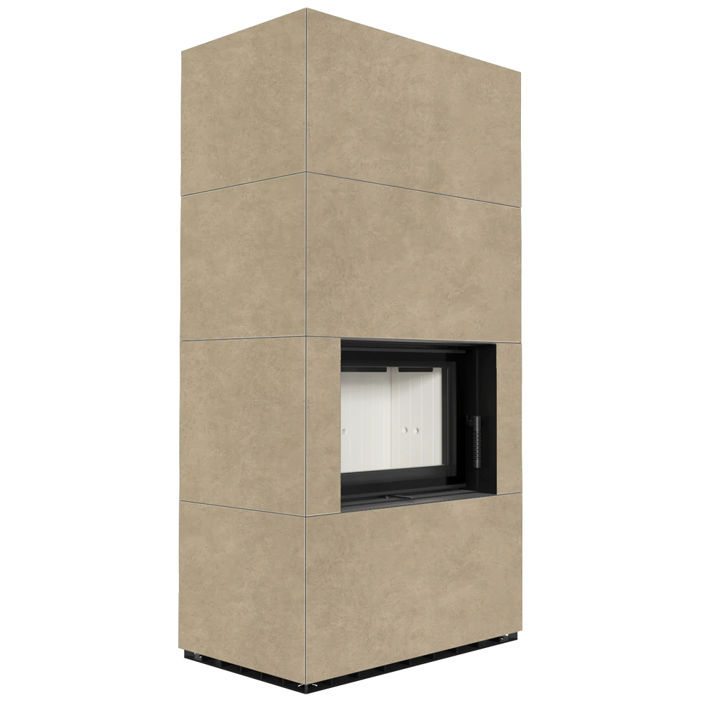 Kratki Floki Box haard in beige ombouw, frontaal op neutrale achtergrond