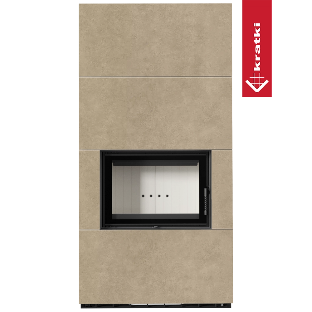 Kratki Floki Box in beige, front view with black fireplace opening