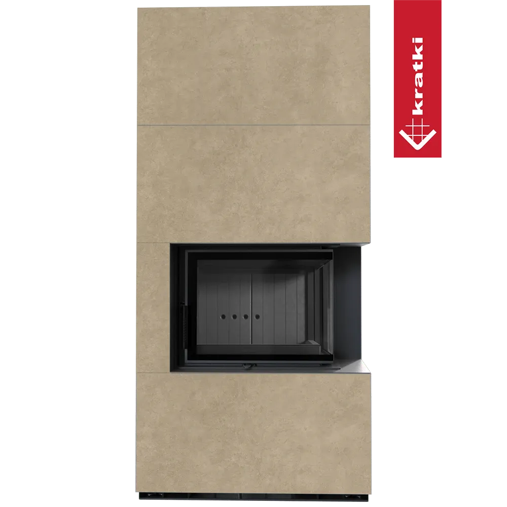 Kratki Floki S 8 kW Rechts, moderne inbouwhaard met beige ombouw en zwart glazen deur.