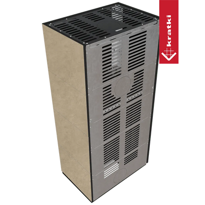 Kratki Floki S 8 kW Rechts, moderne metalen kachel met ventilatieopeningen en beige zijpanelen.