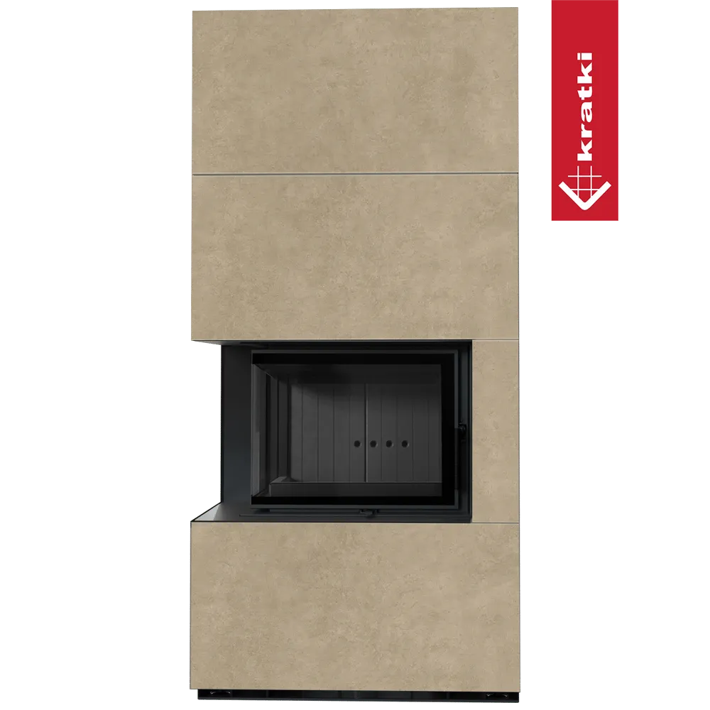 Kratki Floki S 8 kW Links, moderne beige haard met zwart glazen deur en linkse hoek.
