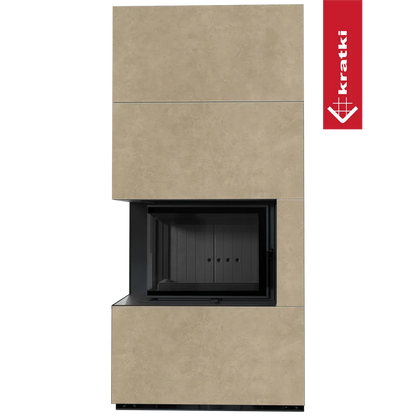 Kratki Floki S 8 kW Links, moderne beige haard met zwart glazen deur en linkse hoek.