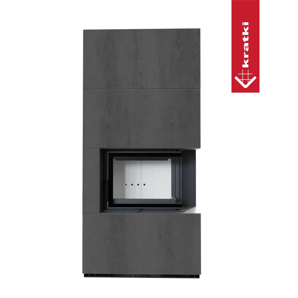 Kratki Floki S 8 kW Rechts, moderne grijze haard met glazen deur en strak design.