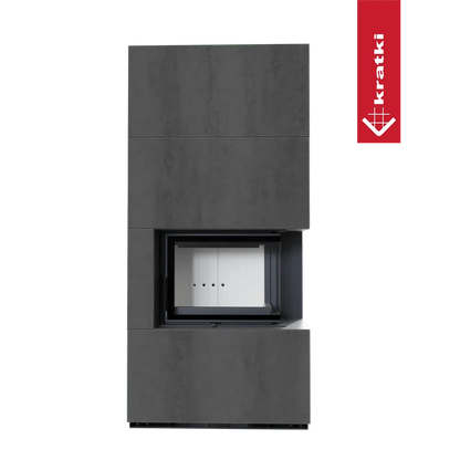 Kratki Floki S 8 kW Rechts, moderne grijze haard met glazen deur en strak design.