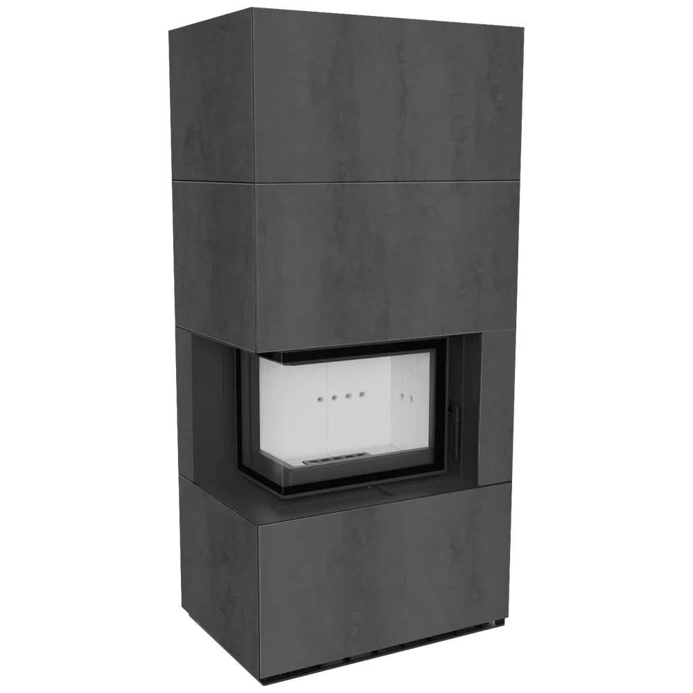 Moderne, zwarte Kratki Floki S 8 kW Links houtkachel met hoekglas en strakke afwerking.