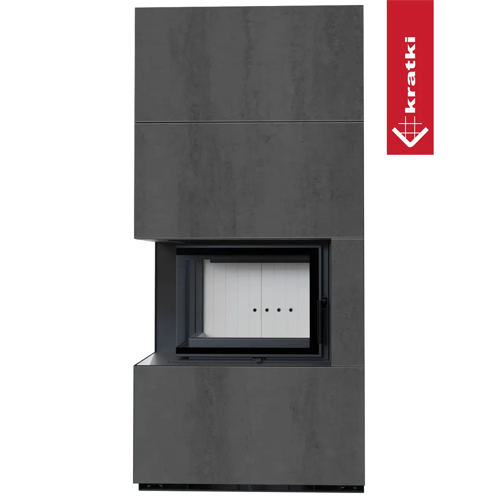 Kratki Floki S 8 kW Links, moderne hoekhaard met strakke, grijze afwerking.