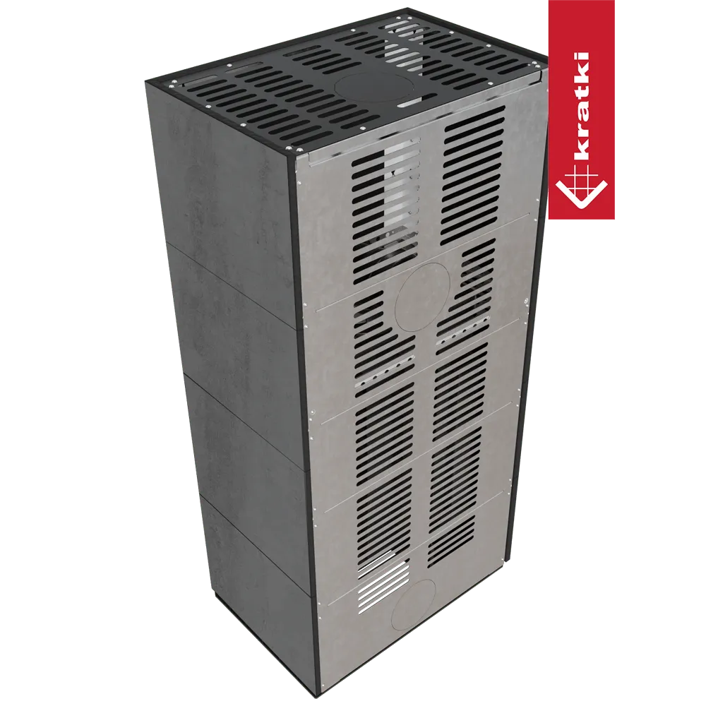 Kratki Floki S 8 kW Links, moderne grijze kachel met ventilatieroosters en strak design.
