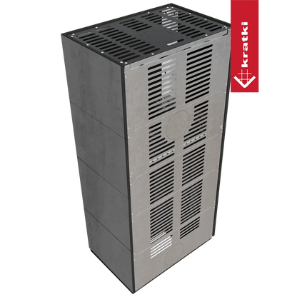 Kratki Floki S 8 kW Links, moderne grijze kachel met ventilatieroosters en strak design.