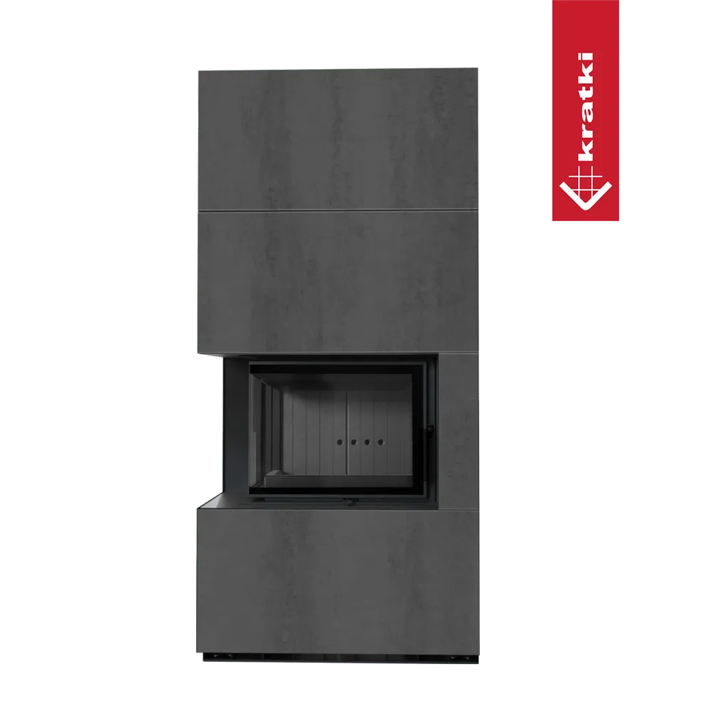Kratki Floki S 8 kW Links, moderne grijze haard met strakke lijnen en minimalistisch ontwerp.
