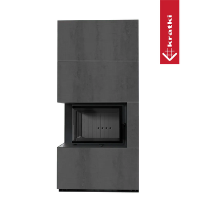 Kratki Floki S 8 kW Links, moderne grijze haard met strakke lijnen en minimalistisch ontwerp.