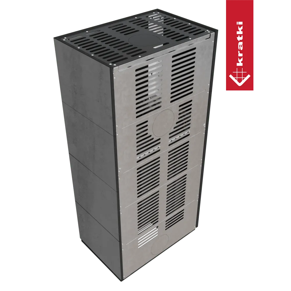 Kratki Floki S 8 kW Links, grijze metalen kachel met ventilatieroosters en strak ontwerp.
