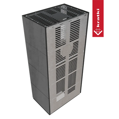 Kratki Floki S 8 kW Links, grijze metalen kachel met ventilatieroosters en strak ontwerp.