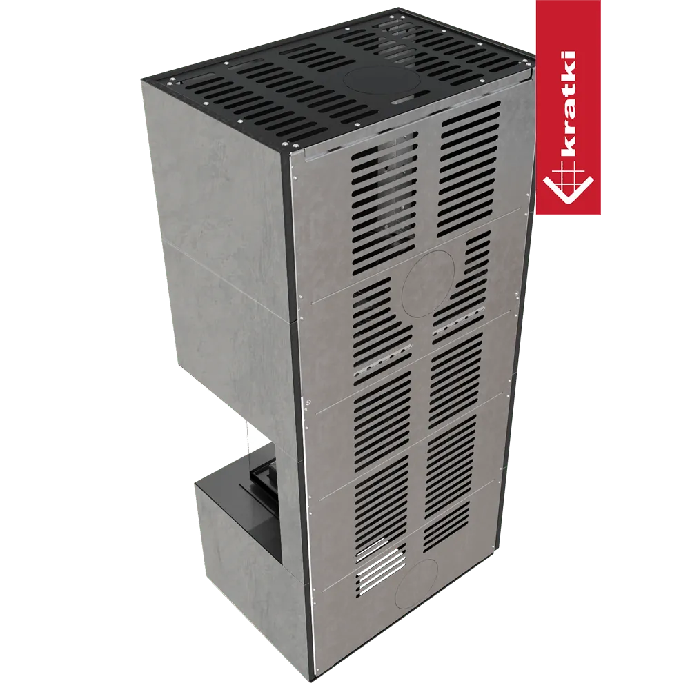 Kratki Floki S 8 kW Rechts, moderne grijze houtkachel met ventilatieroosters en strak design.