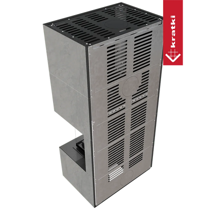 Kratki Floki S 8 kW Rechts, moderne grijze houtkachel met ventilatieroosters en strak design.