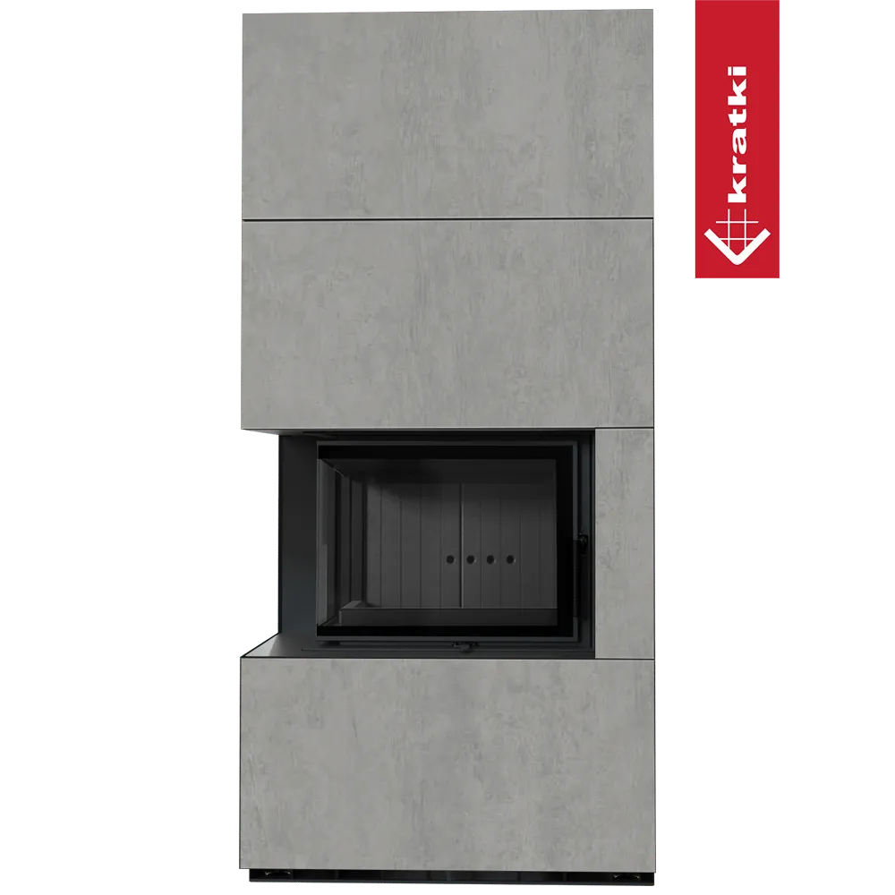 Kratki Floki S 8 kW Links, moderne grijze haard met strakke lijnen en glazen deur.