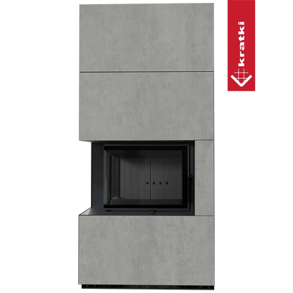 Kratki Floki S 8 kW Links, moderne grijze haard met strakke lijnen en glazen deur.
