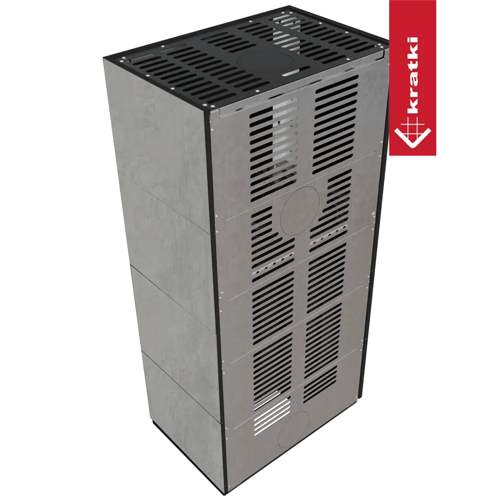 Kratki Floki S 8 kW Links, grijze metalen kachel met ventilatieroosters en zwart bovenpaneel.