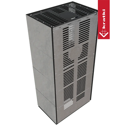 Kratki Floki S 8 kW Links, grijze metalen kachel met ventilatieroosters en zwart bovenpaneel.