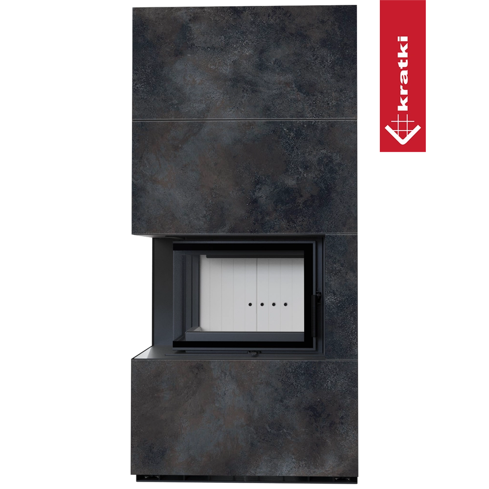 Kratki Floki Box Links haard met donker steenlook en glazen vuurkamer