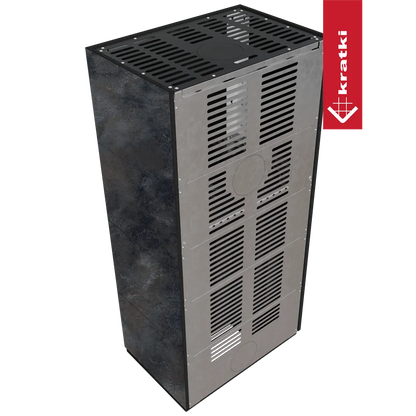 Kratki Floki S 8 kW Links, moderne metalen kachel met ventilatieopeningen en industriële uitstraling.