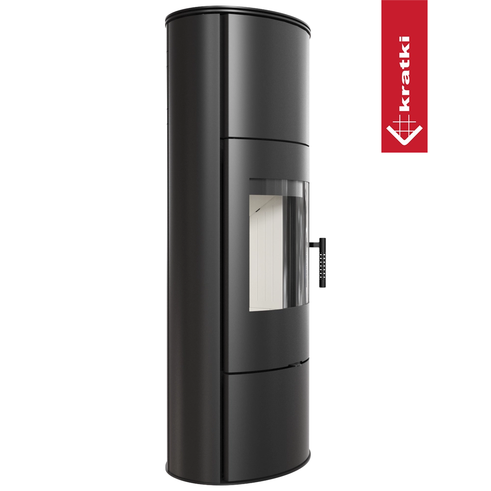 Kratki Rollo W zwarte houtkachel met gebogen glasdeur