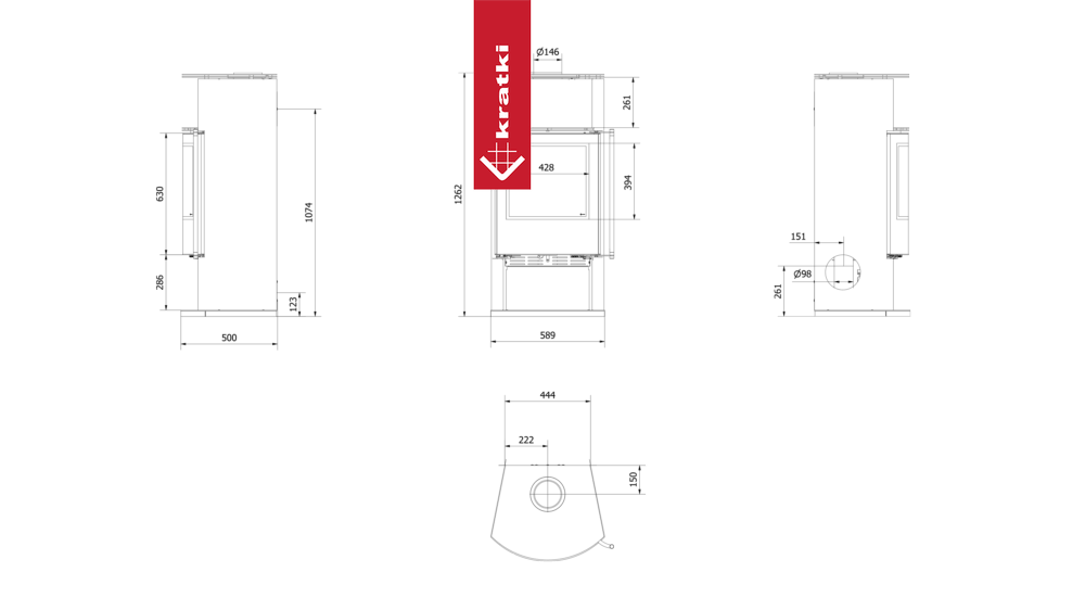 Technische tekening van de Kratki Tofa houtkachel met afmetingen en zijaanzichten.