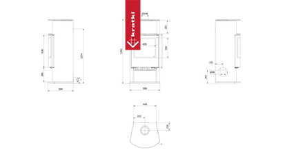 Technische tekening van de Kratki Tofa houtkachel met afmetingen en zijaanzichten.