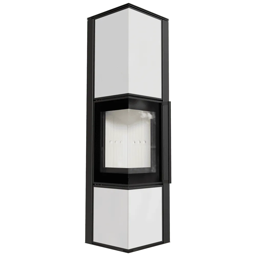 Moderne, hoekige Kratki Tora L houtkachel met zwart-wit design en glazen deur.