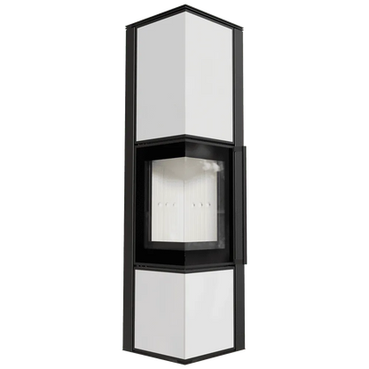 Moderne, hoekige Kratki Tora L houtkachel met zwart-wit design en glazen deur.