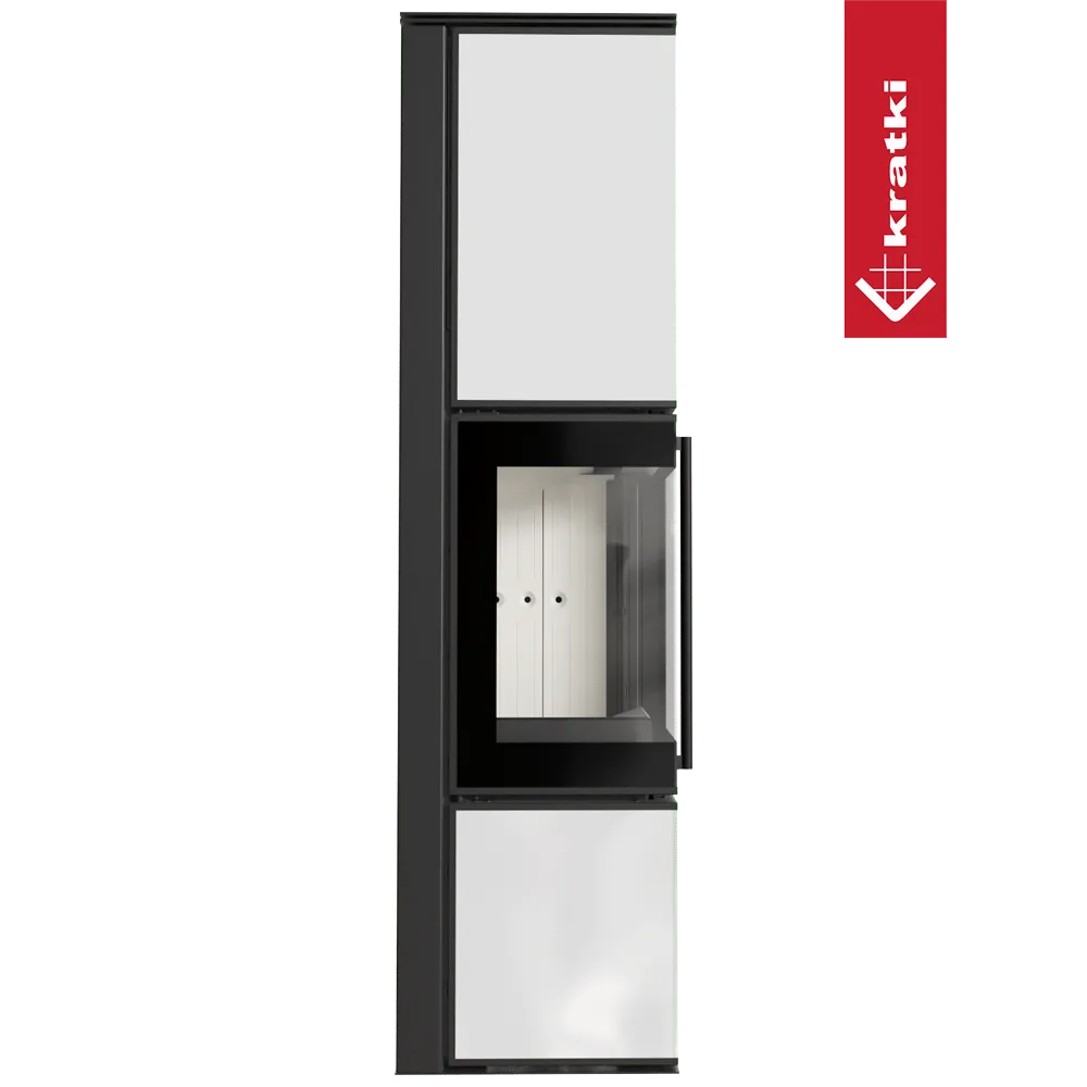 Kratki Tora L moderne, slanke houtkachel met glazen deur en witte panelen.