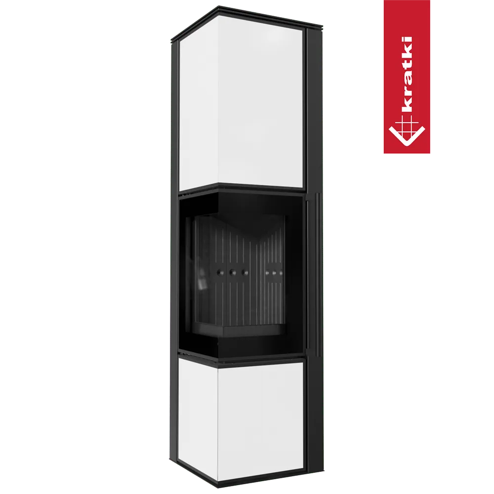 Kratki Tora L moderne, hoekige haard met zwart-wit design en glazen deur.