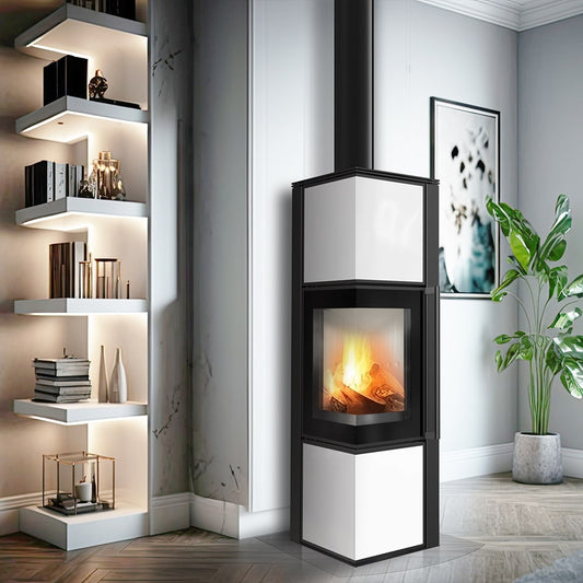 Kratki Tora M witte haard in moderne woonkamer met brandend vuur