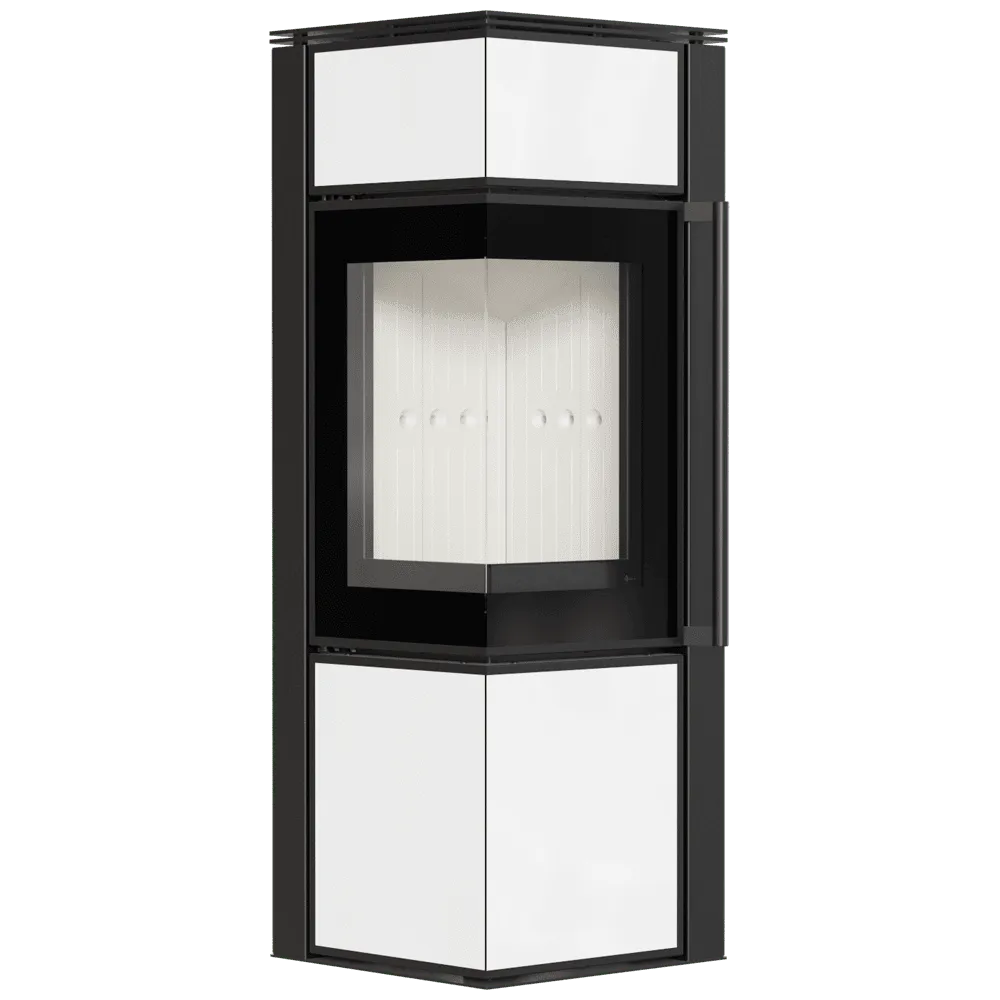 Zwart-witte hoekhaard Kratki Tora S met glazen deur en strak, modern ontwerp.