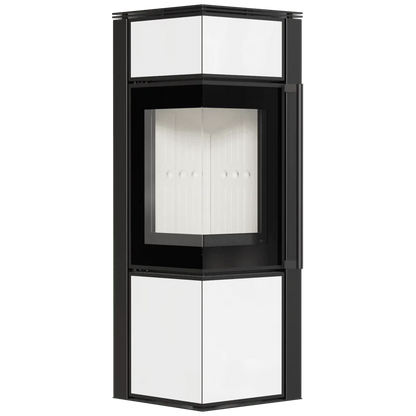Zwart-witte hoekhaard Kratki Tora S met glazen deur en strak, modern ontwerp.