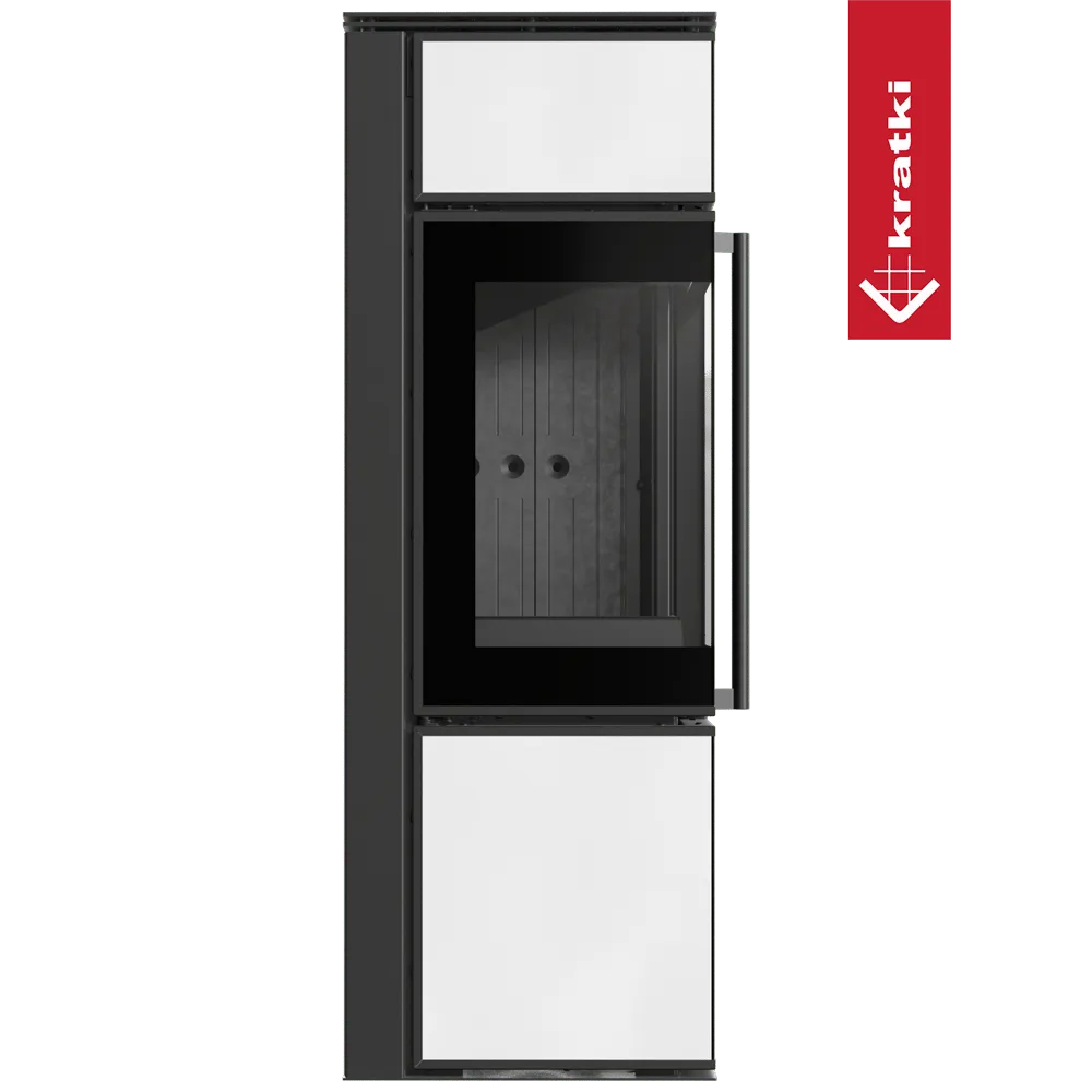 Kratki Tora S houtkachel met zwart-wit design en groot glazen venster.