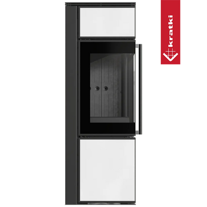 Kratki Tora S houtkachel met zwart-wit design en groot glazen venster.