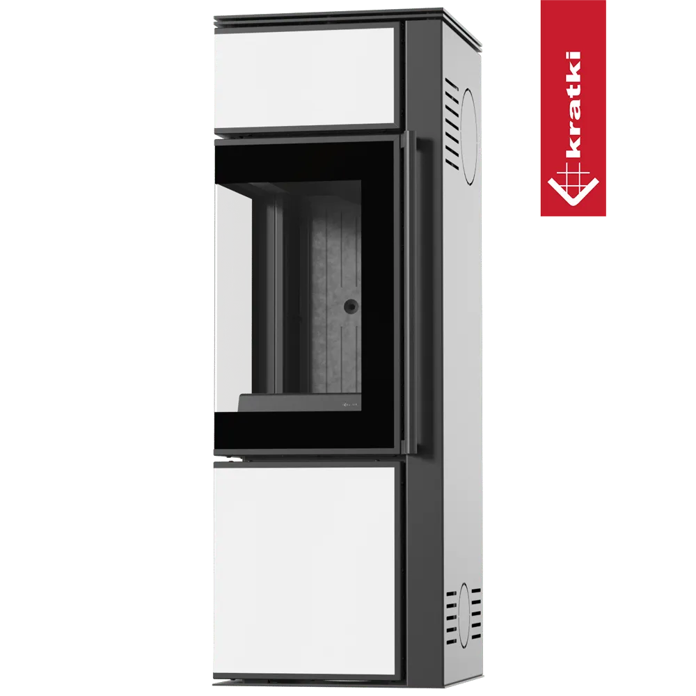 Kratki Tora S houtkachel met modern ontwerp, zwart-wit kleurenschema en glazen deur.