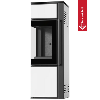 Kratki Tora S houtkachel met modern ontwerp, zwart-wit kleurenschema en glazen deur.