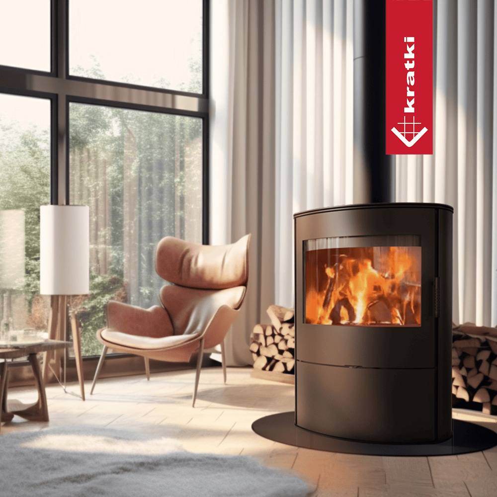 Kratki Rollo 2 houtkachel in een moderne woonkamer met brandend vuur