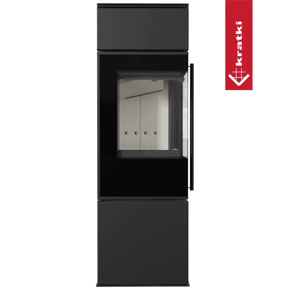 Zwarte Kratki Ren L houtkachel met glazen deur en strak, modern ontwerp.