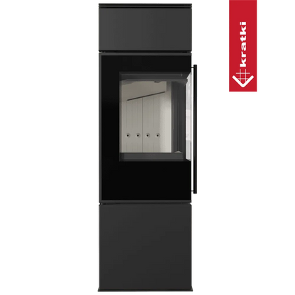 Zwarte Kratki Ren L houtkachel met glazen deur en strak, modern ontwerp.