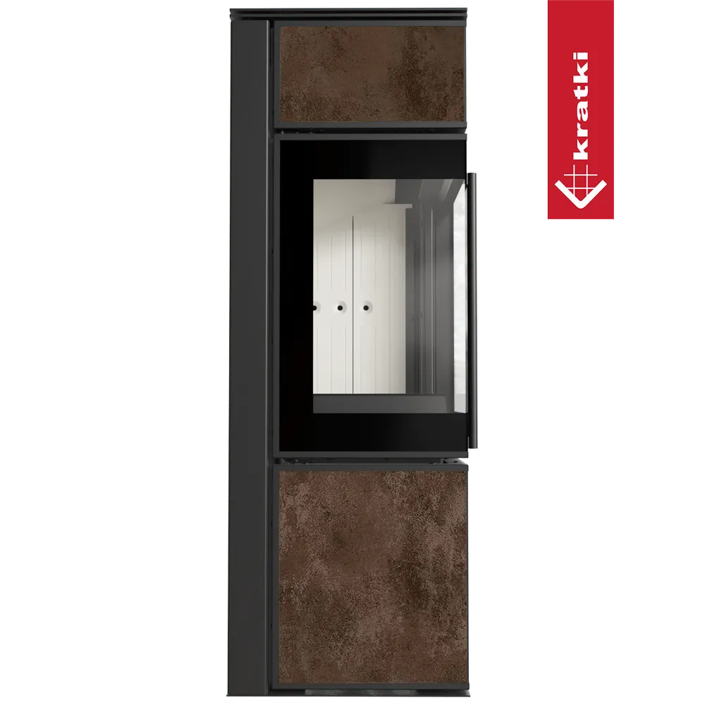 Kratki Tora S houtkachel met glazen deur en roestkleurige panelen.