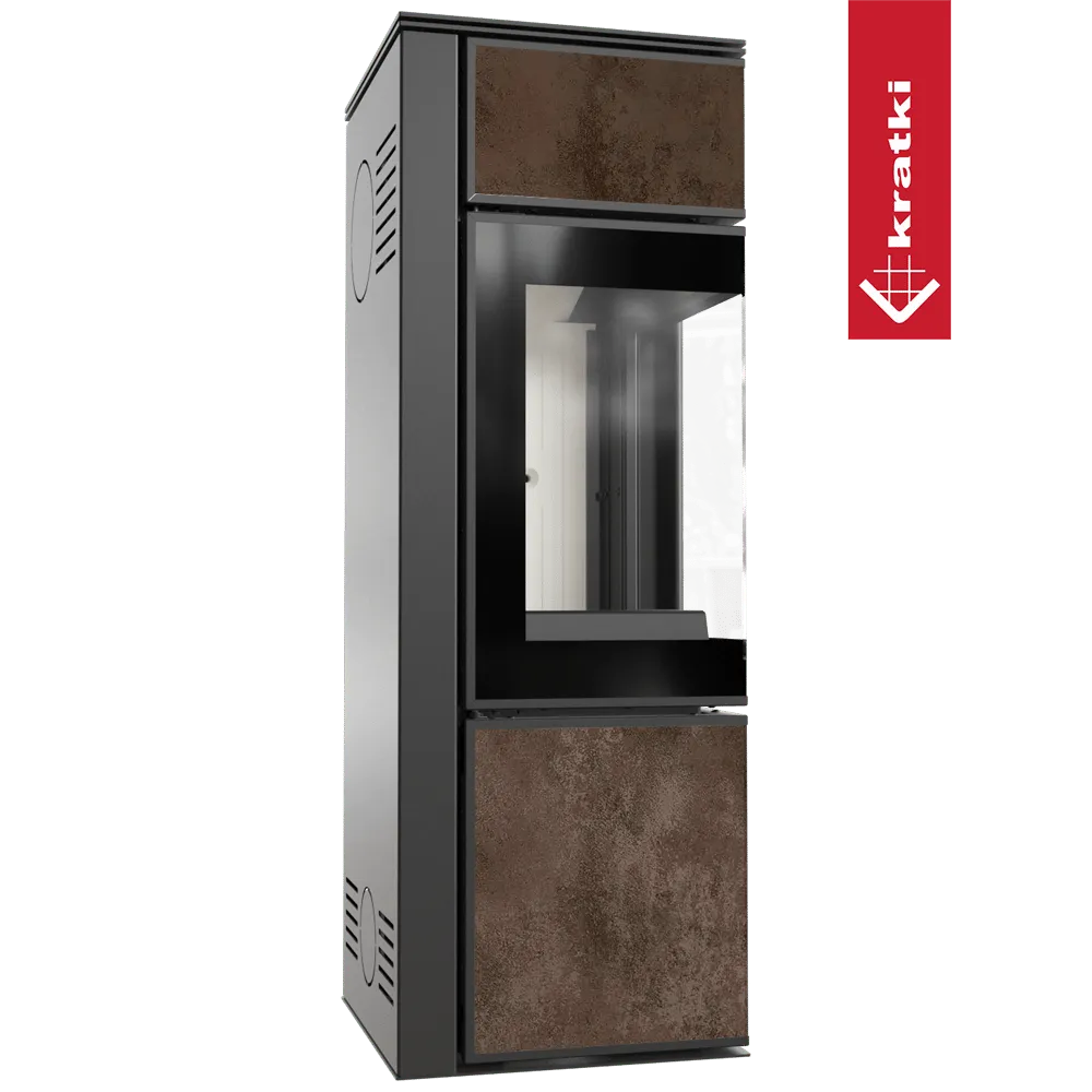 Kratki Tora S houtkachel met glazen deur en roestkleurige panelen, modern en stijlvol ontwerp.