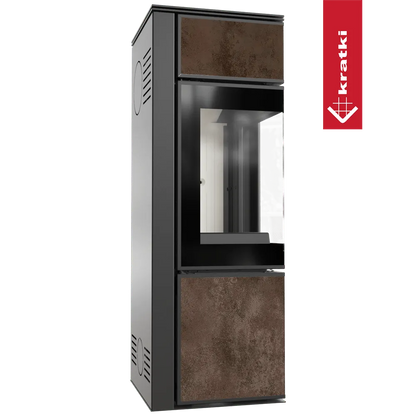 Kratki Tora S houtkachel met glazen deur en roestkleurige panelen, modern en stijlvol ontwerp.
