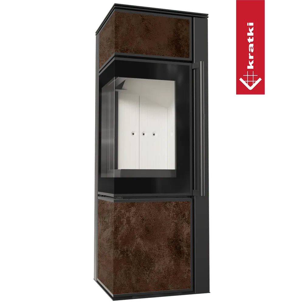 Kratki Tora S houtkachel met hoekig ontwerp, zwart frame en roestkleurige panelen.