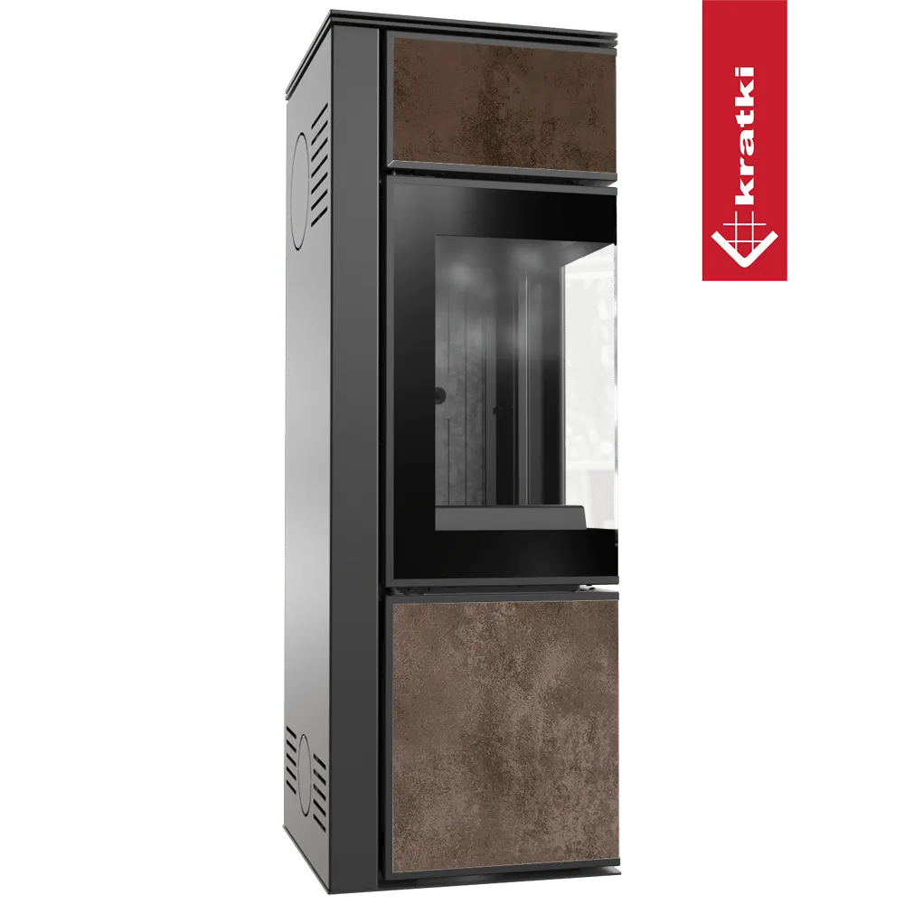 Kratki Tora S houtkachel met glazen deur en roestbruin metalen panelen.